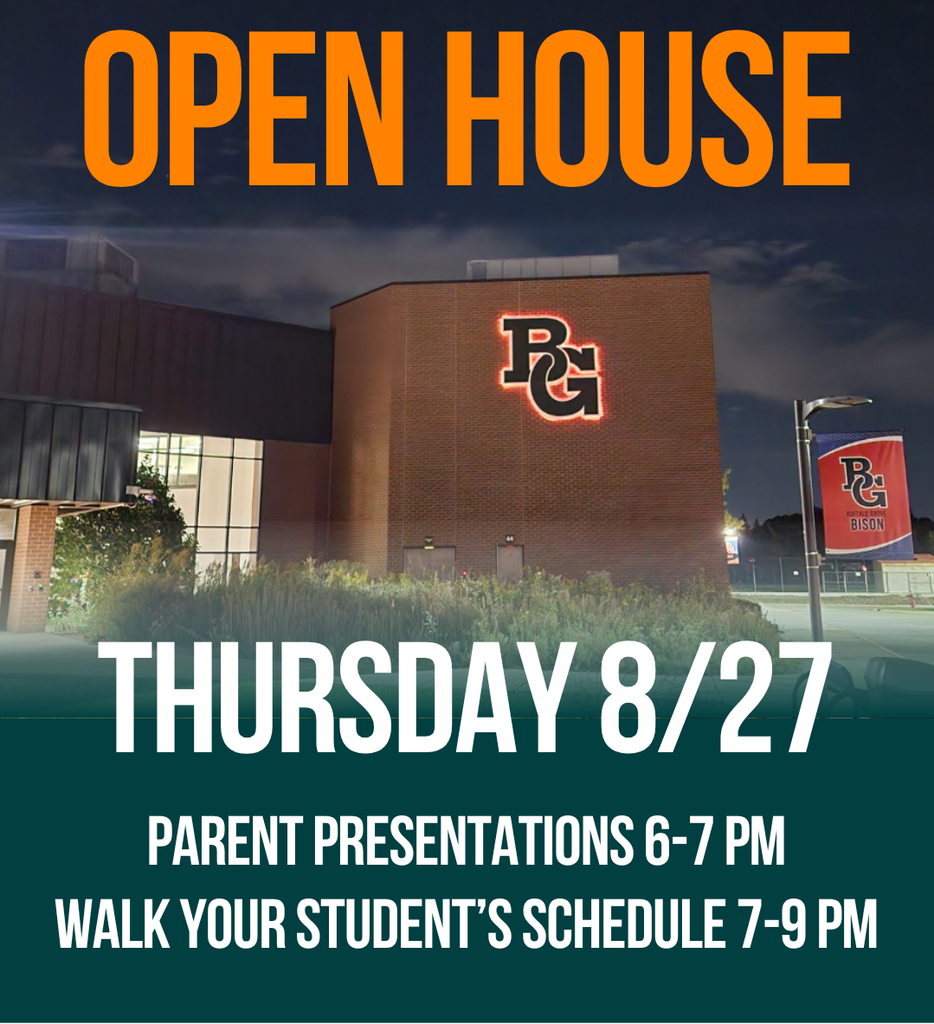 Buffalo Grove High School building exterior at night with interlocking BG sign backlit in orange with the text OPEN HOUSE Thursday 8/27 from 6-9pm
