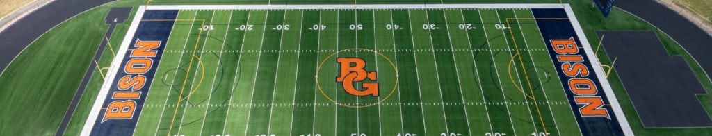 Buffalo Grove High School football field with interlocking BG logo in the center of the filed and the word Bison in each end zone