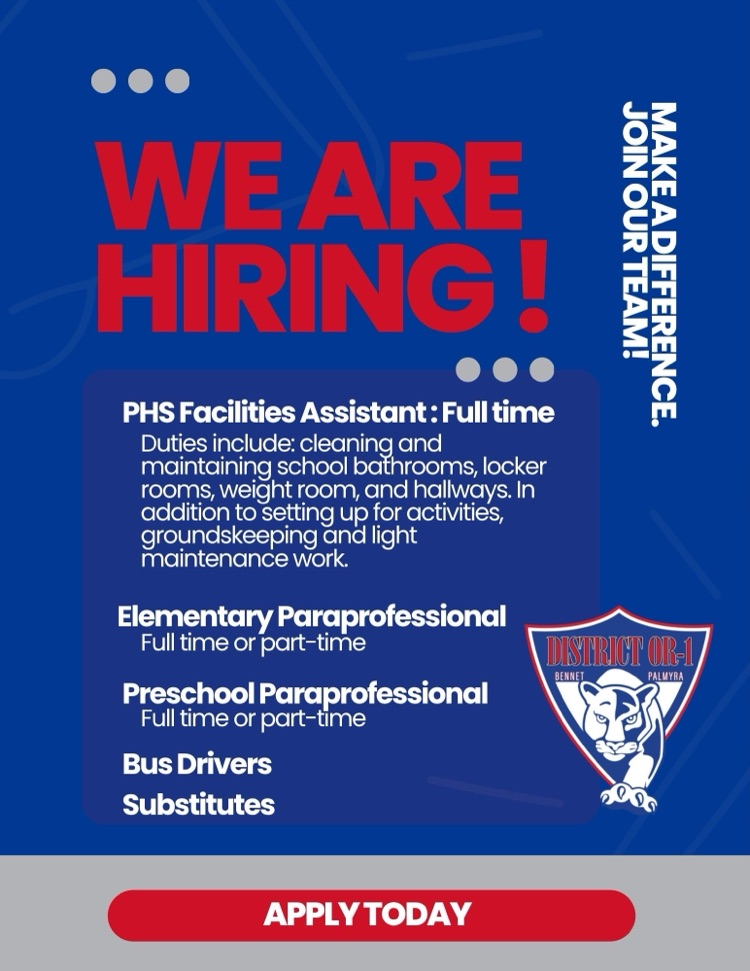 Hiring Graphic for facilities, paraprofessionals, bus drivers and substitutes