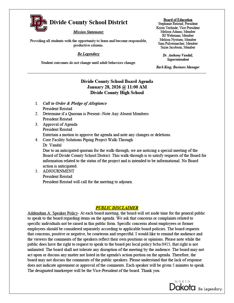 Jan 28, 2026 School Board Meeting agenda