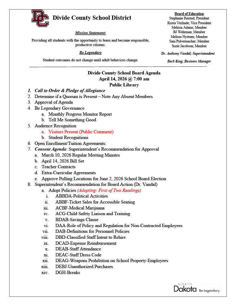 April 2026 School Board Meeting Agenda