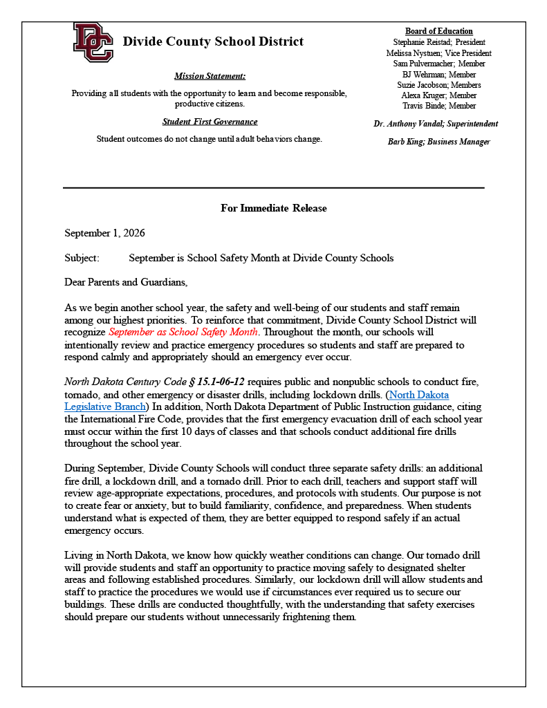 2026-2027 School Safety letter