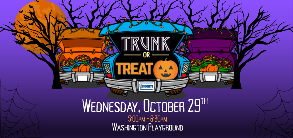 trunk or treat graphic with pumpkin and candy baskets