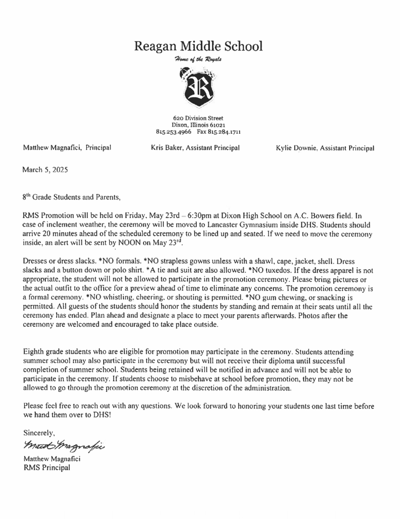 Reagan 8th grade promotion letter