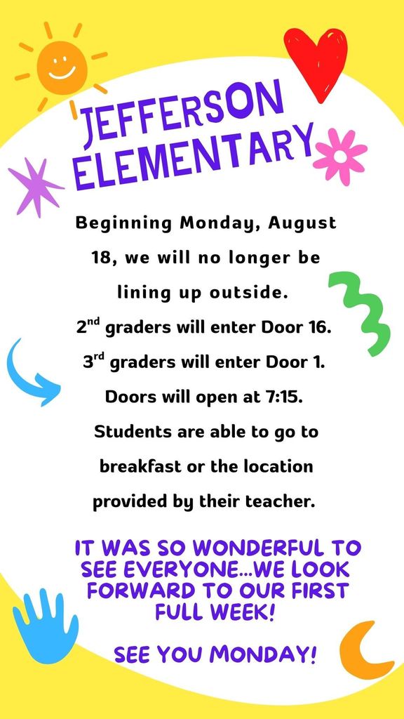 Back to school drop off information, Door 1 for 3rd grade, door 16 for 2nd grade, and students can enter at 7:15. They are able to  go to breakfast or to the assigned space for their teacher. 