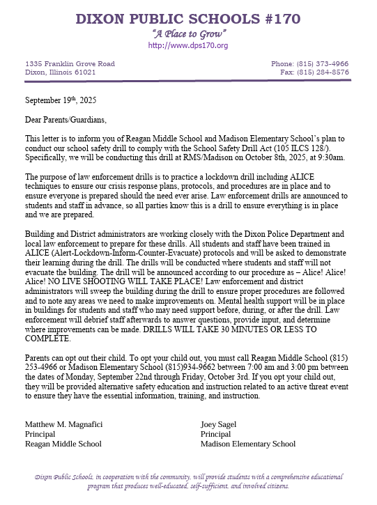 RMS Madison Law Enforcement Drill Notification for 10.08.25