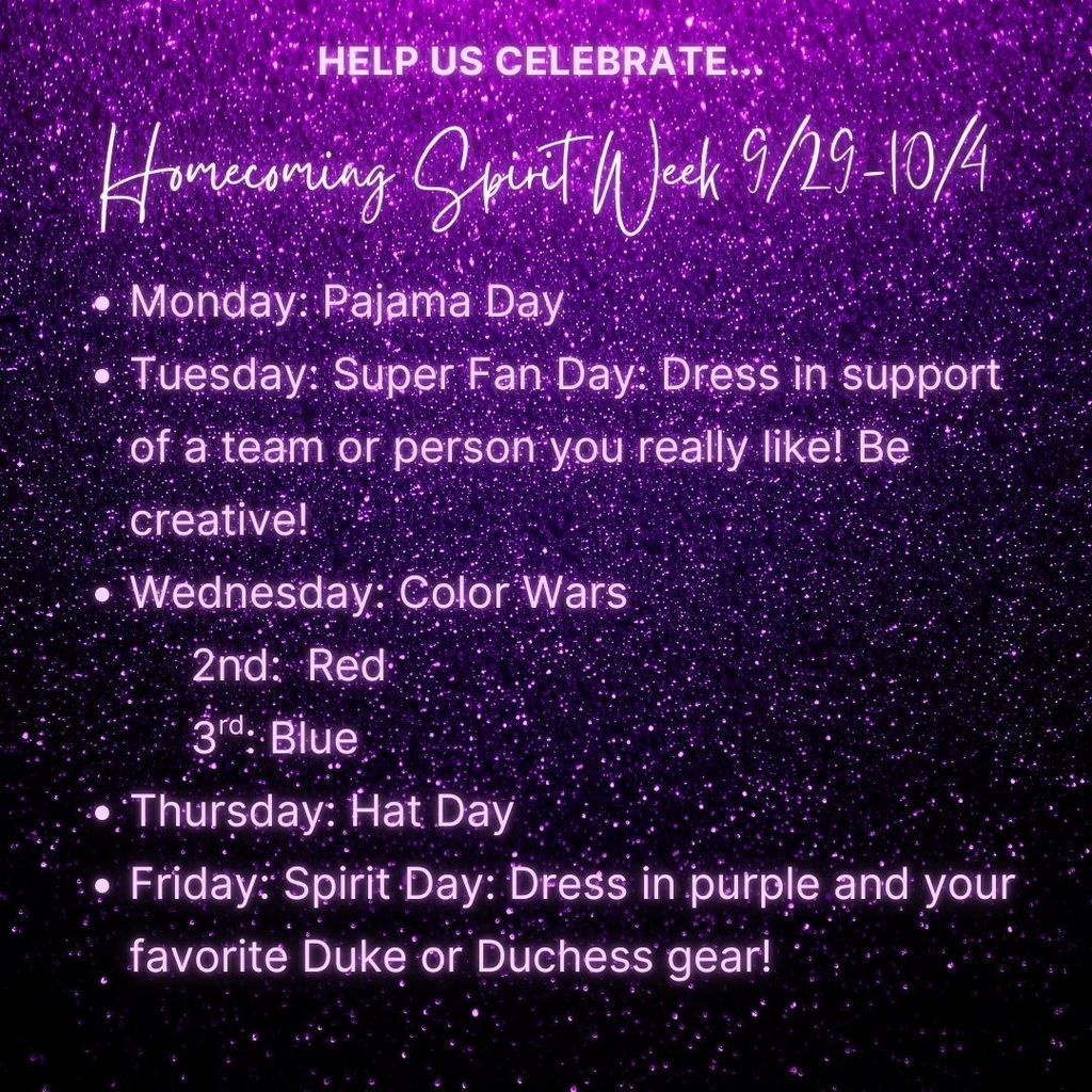spirit day list: Monday - Pajama Day, Tuesday - Super fan day, Wednesday - Color Wars, Thursday Hat Day, Friday - Spirit Day