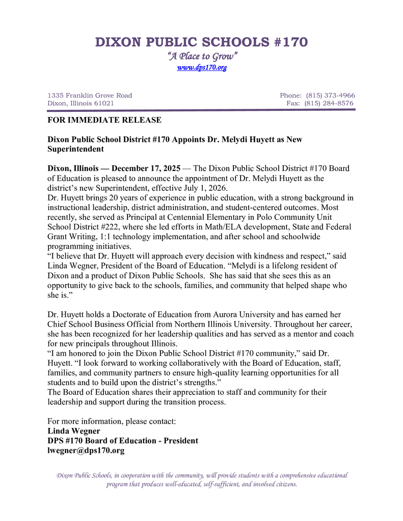 press release new superintendent