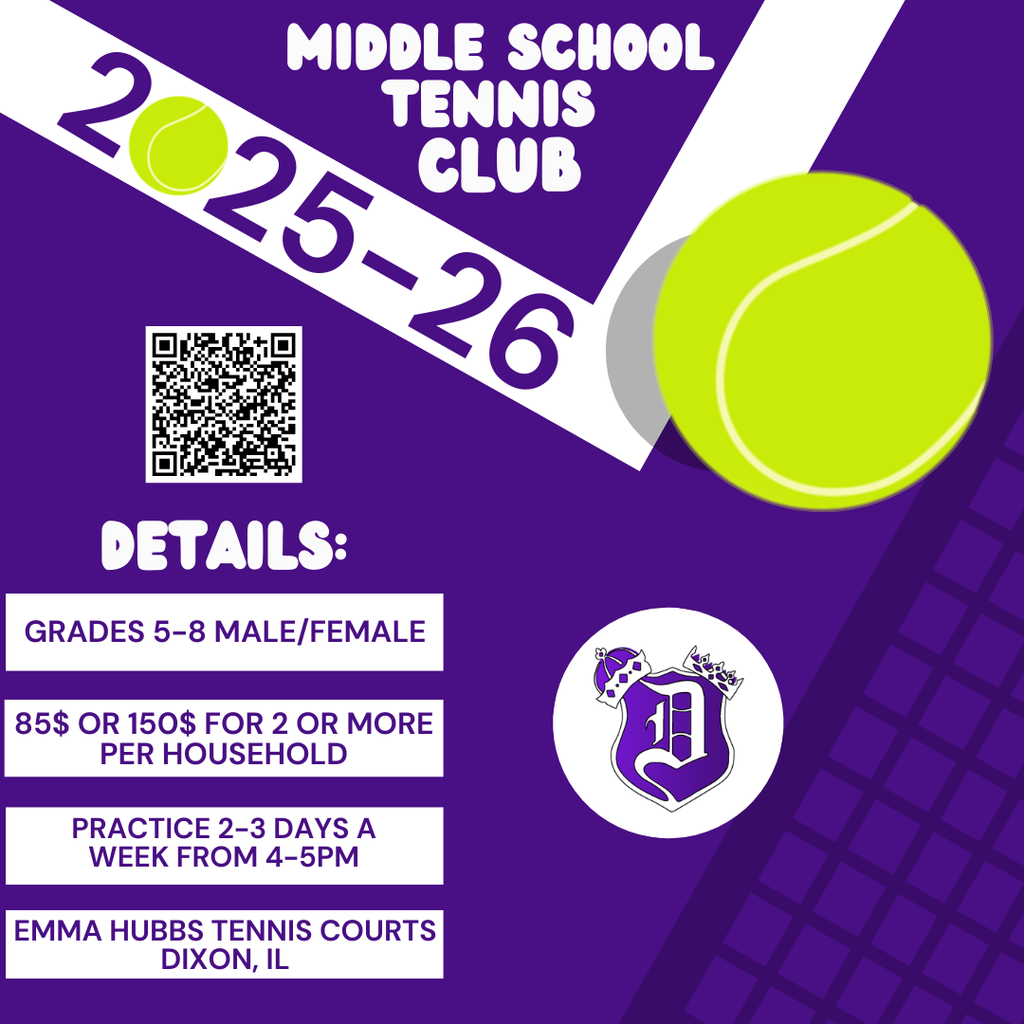 middle school tennis club graphic with tennis ball, dixon logo, and information