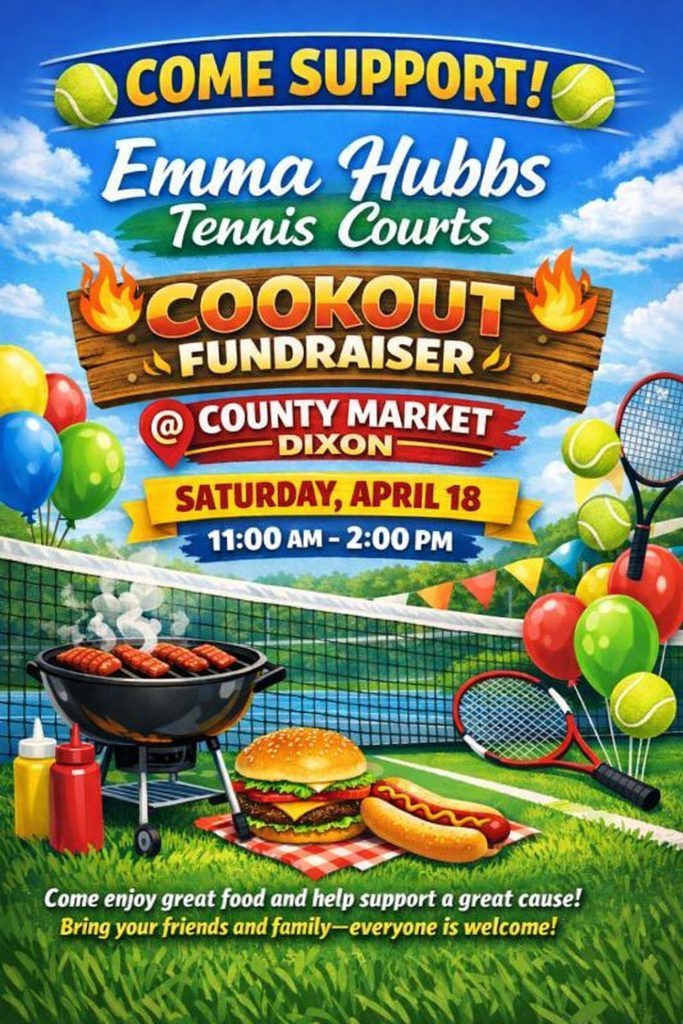 graphic with tennis rackets, net and grill with brats for a fundraiser
