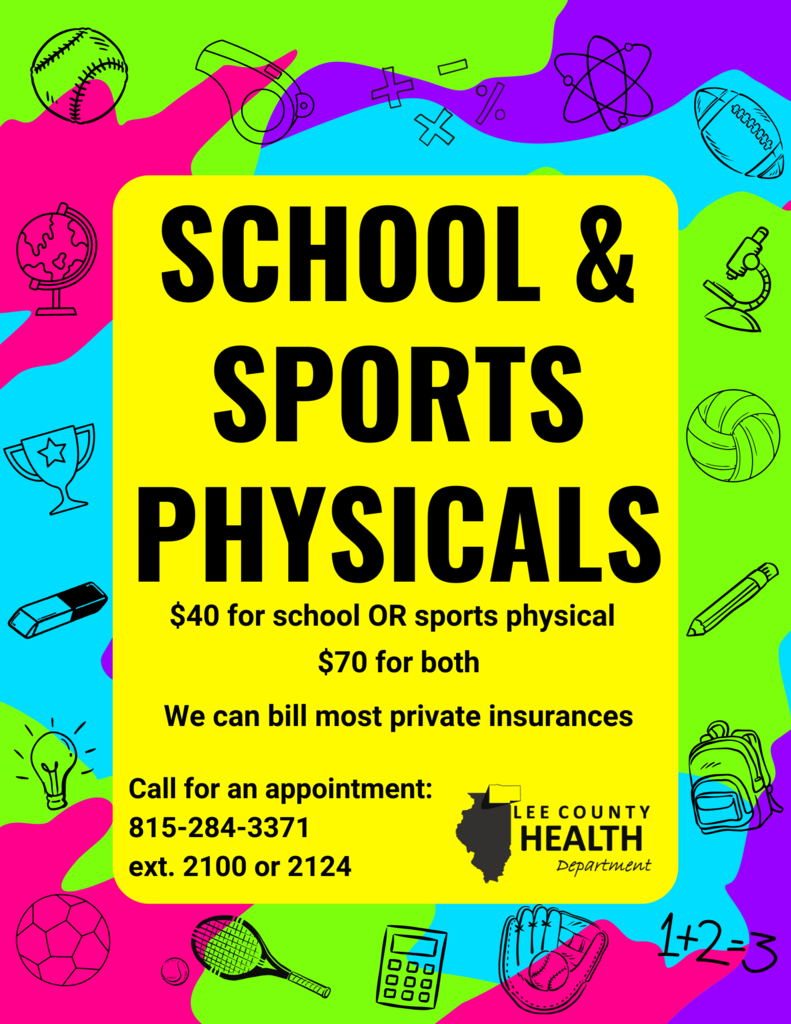 graphic for instagram with trophies, backpacks and information to call for physicals at Lee County Health Department