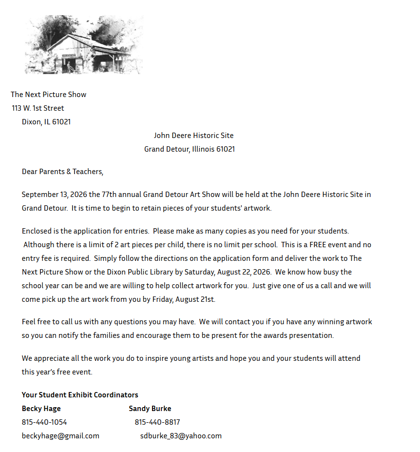 cover letter for grand detour art festival being held at john deere historic site with information on how to apply