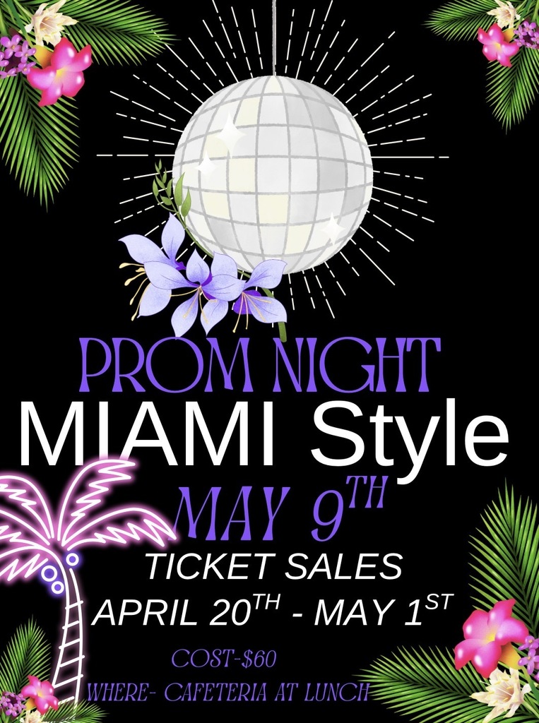 prom graphic with disco ball and palm trees and additional information