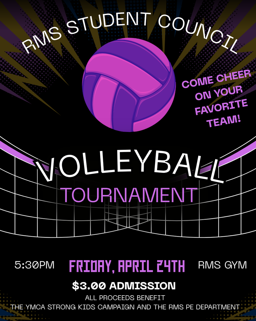 reagan middle school volleyball tournament flyer with admission price and volleyball above net