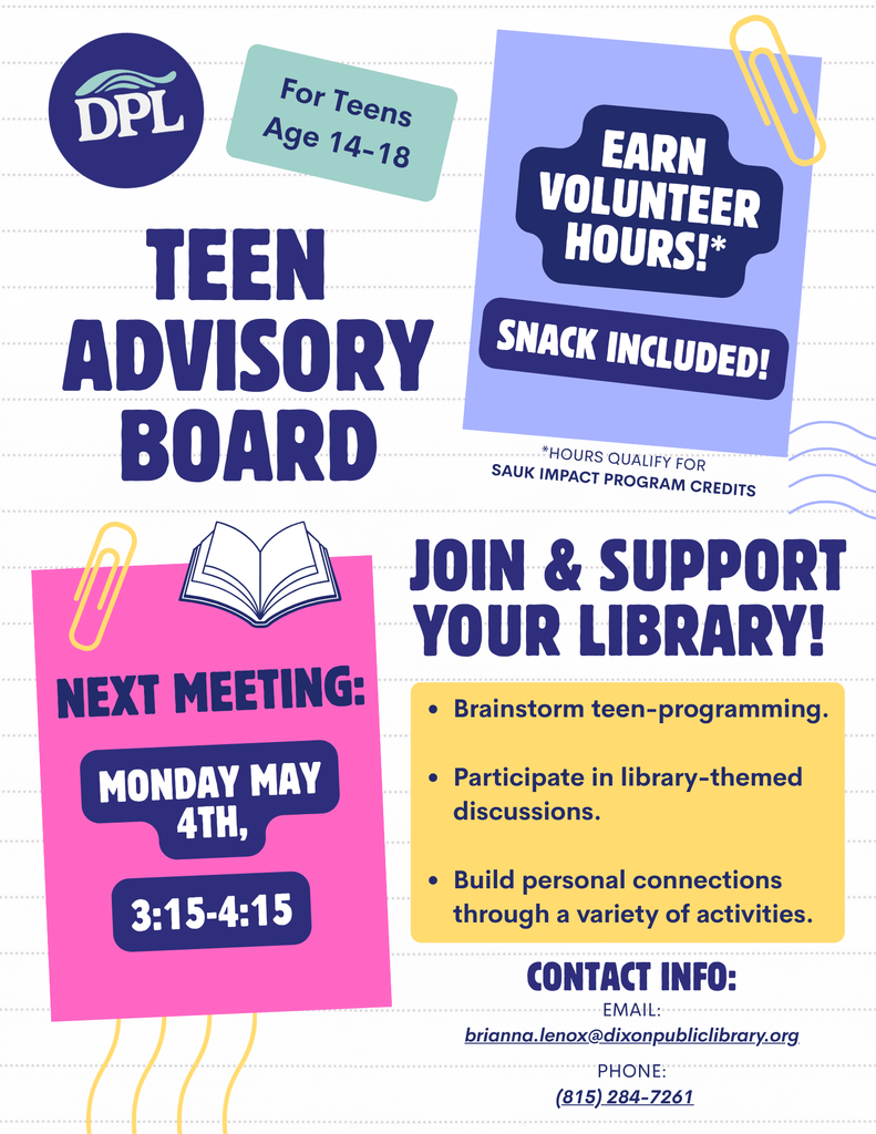 dixon public library graphic with dates and times for teen advisory board