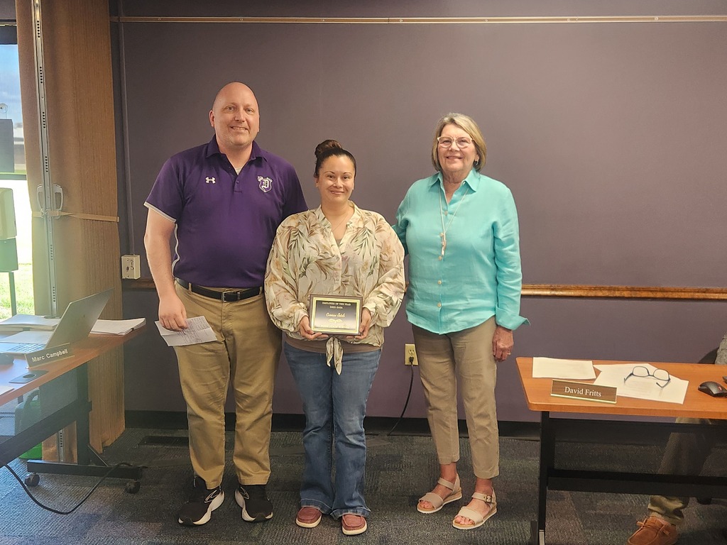 Photo of principal, board president and our non-certified employee of the year