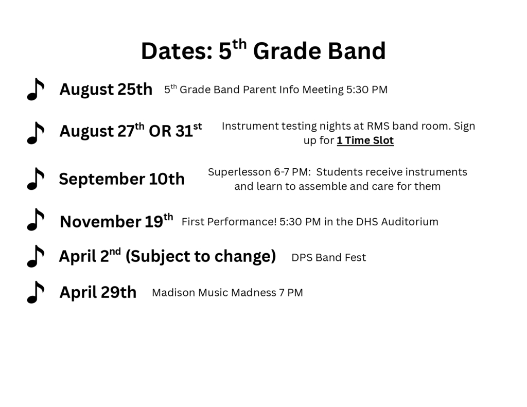 dates for 5th grade band