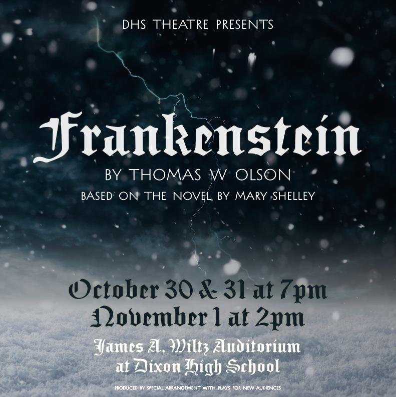 Frankenstein graphic for Fall Play with dates and times