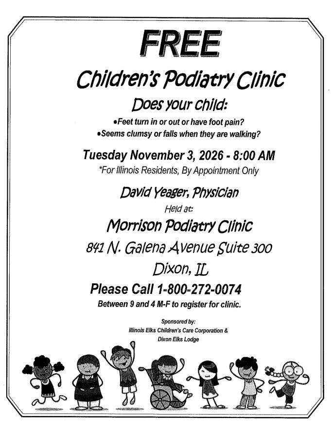 podiatry clinic flyer with dates, times and children dancing