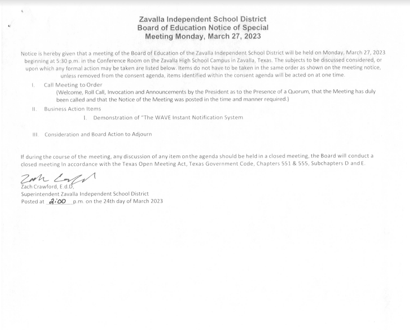 Documents Zavalla Independent School District