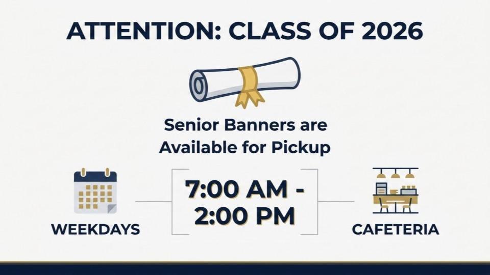 Seniors  Banners are available for pickup in the cafeteria between 7-2.