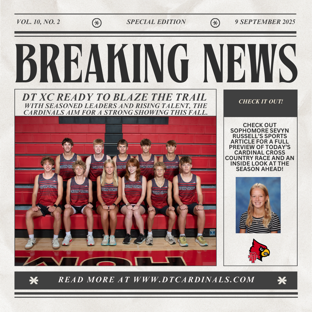 Newspaper post with a photo of the author, Sevyn Russell, and a XC team photo. 