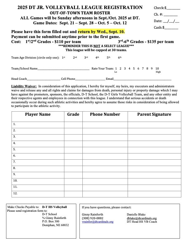 2025 DT JR. VOLLEYBALL LEAGUE REGISTRATION OUT-OF-TOWN TEAM ROSTER