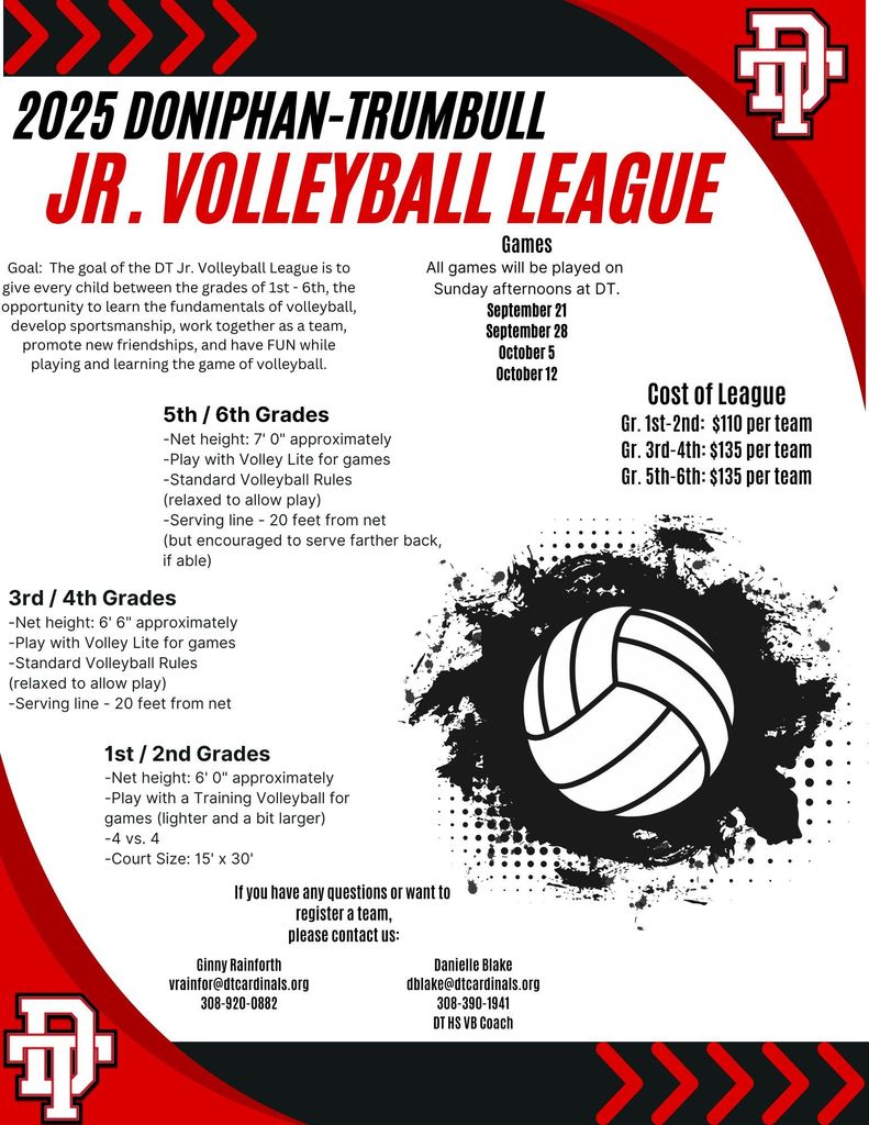 ChatGPT said: 🏐 DT Jr. Volleyball League – Sign Up Today! 🏐 For all kids in 1st–6th grade, our Jr. League is the perfect place to learn the fundamentals of volleyball, build sportsmanship, work as a team, and make new friends—all while having a blast on the court!