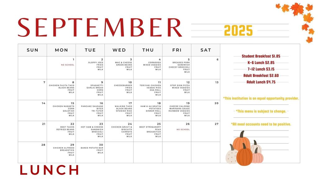 September Lunch Menu
