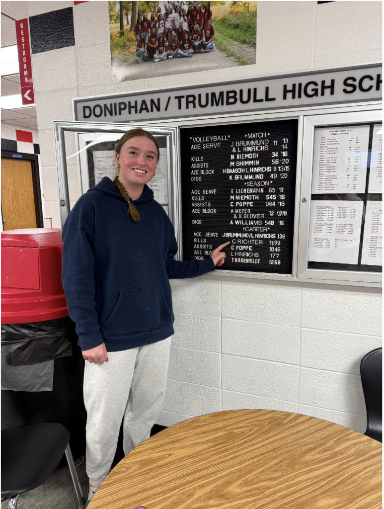 Congratulations to Charlee Richter for breaking the Doniphan-Trumbull school record for kills in a single season! Her hard work, determination, and relentless drive at the net have set a new standard for Cardinal Volleyball. Way to make history, Charlee! ❤️🖤