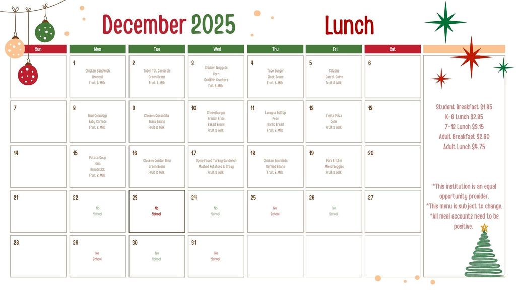 December Lunch Menu