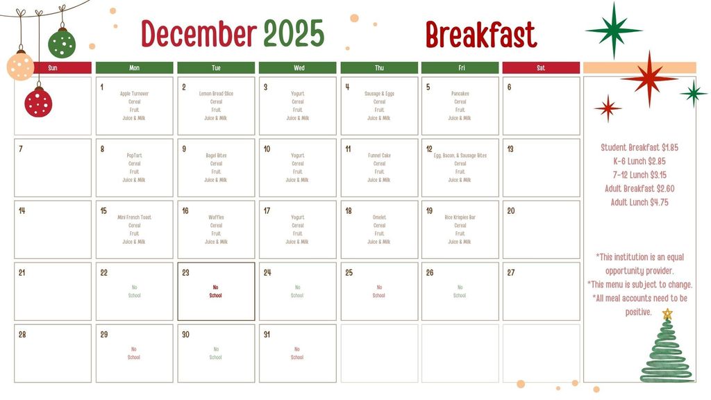 December Breakfast Menu