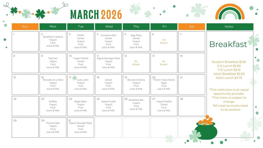 March Breakfast Menu