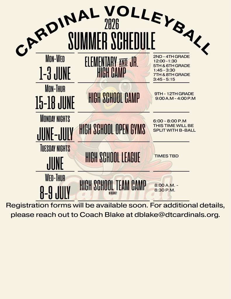 The Cardinal Volleyball 2026 Summer Schedule will begin June 1–3 with the Elementary and Jr. High Camp held Monday through Wednesday. Camp times will be divided by grade level: 2nd–4th grade from 12:00–1:30 p.m., 5th–6th grade from 1:45–3:30 p.m., and 7th–8th grade from 3:45–5:15 p.m. The High School Camp for 9th–12th grade will take place June 15–18 from 9:00 a.m. to 4:00 p.m. Throughout June and July, high school players will also have open gyms from 6:00–8:00 p.m., with time split between the basketball program and the high school players. In June, the high school team will participate in a summer league with times to be determined. The High School Team Camp will be held July 8–9 in Kearney, running approximately 8:00 a.m. to 8:30 p.m. each day. Additional activities will take place throughout the summer on Monday nights, Tuesday nights, and Wednesday–Thursday evenings. Registration forms will be available soon. For additional details, please contact Coach Blake at dblake@dtcardinals.org.