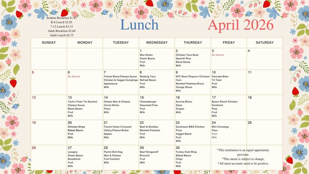 April 2026 Lunch Menu