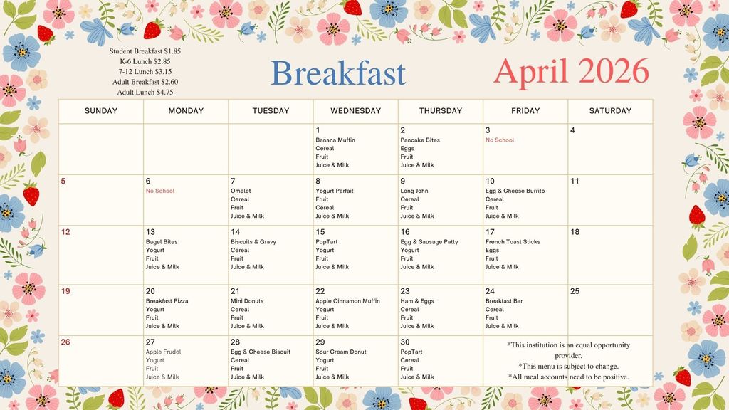 April 2026 Breakfast Menu