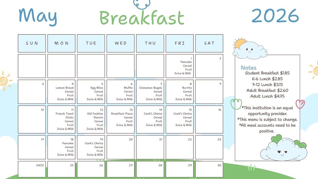 May 2026 Breakfast Menu