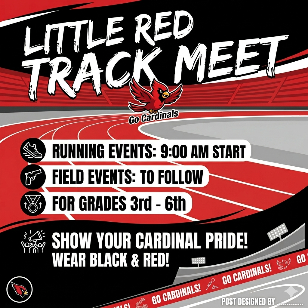 Our 3rd through 6th-grade students have been working hard, and now it’s time for them to shine on the track and on the field.   📅 Event Schedule 9:00 AM: Running Events Kick Off 👟  Following Running: Field Events 🥇