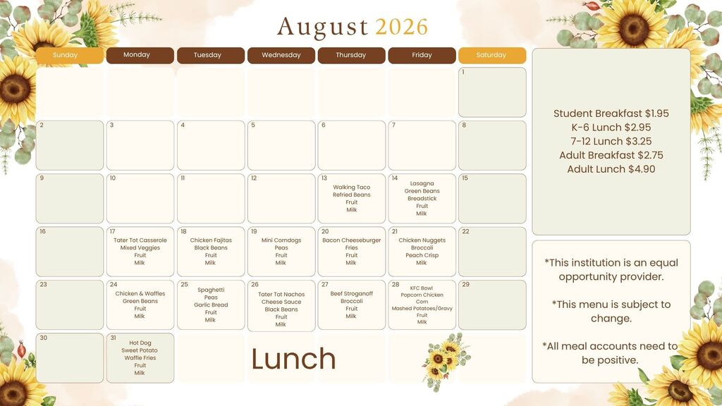 August Lunch Menu