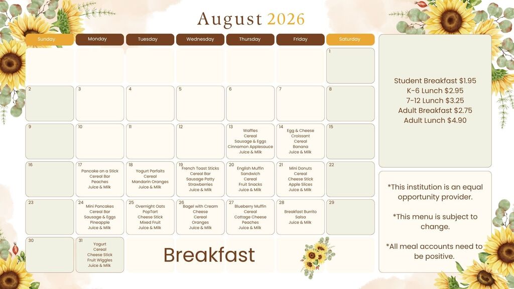 August Breakfast Menu