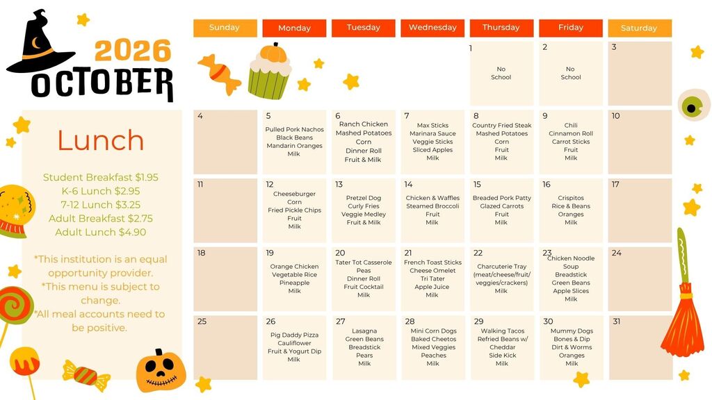 October Lunch Menu