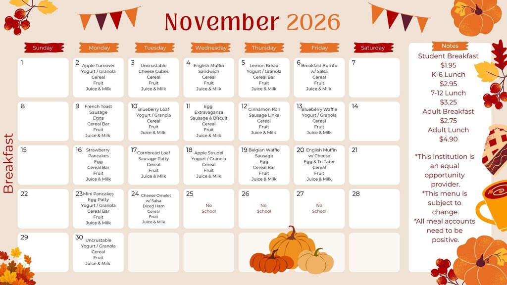 November Breakfast Menu