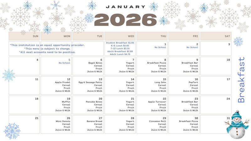 January Breakfast Menu