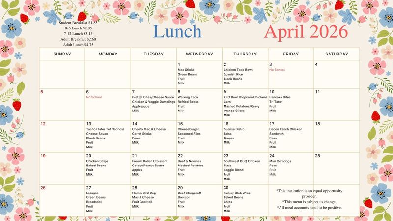 April Lunch Menu