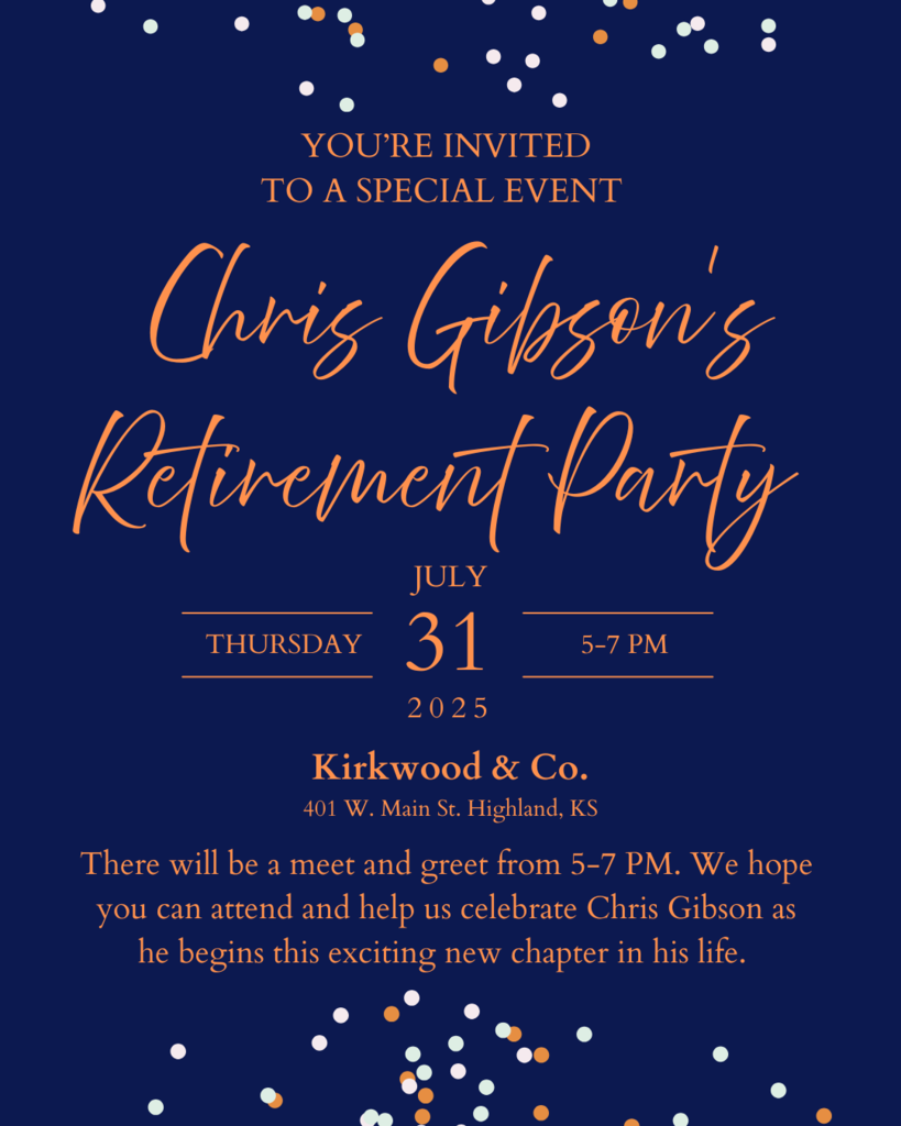 Please help us celebrate Chri Gibson's Retirement on July 31, 2025 at Kirkwood & Co. from 5-7 pm. 
