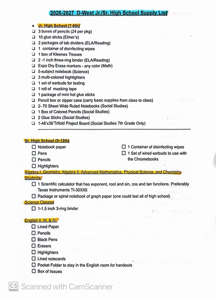 school supply list