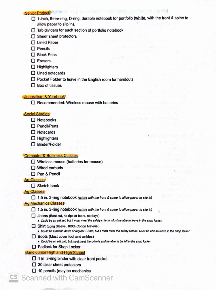 school supply list