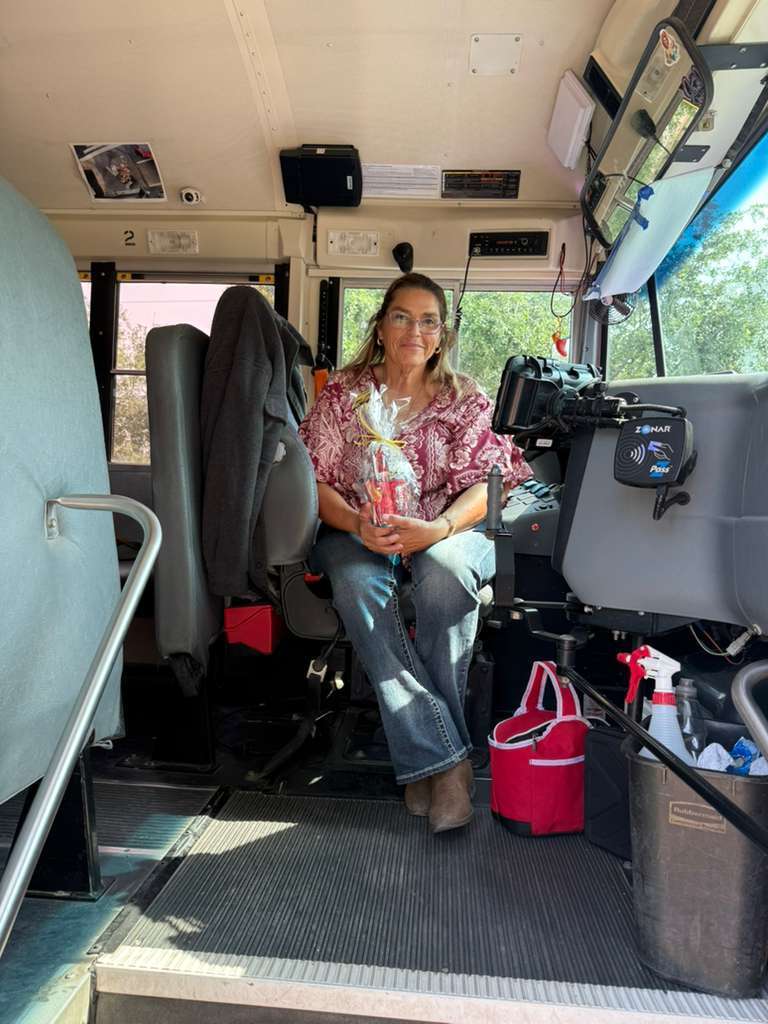 woman in bus with gift bag 