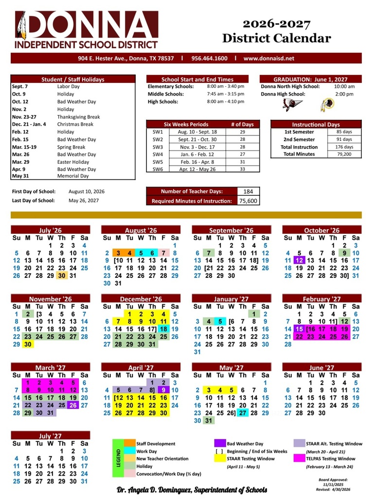 Donna ISD Calendar 26-27