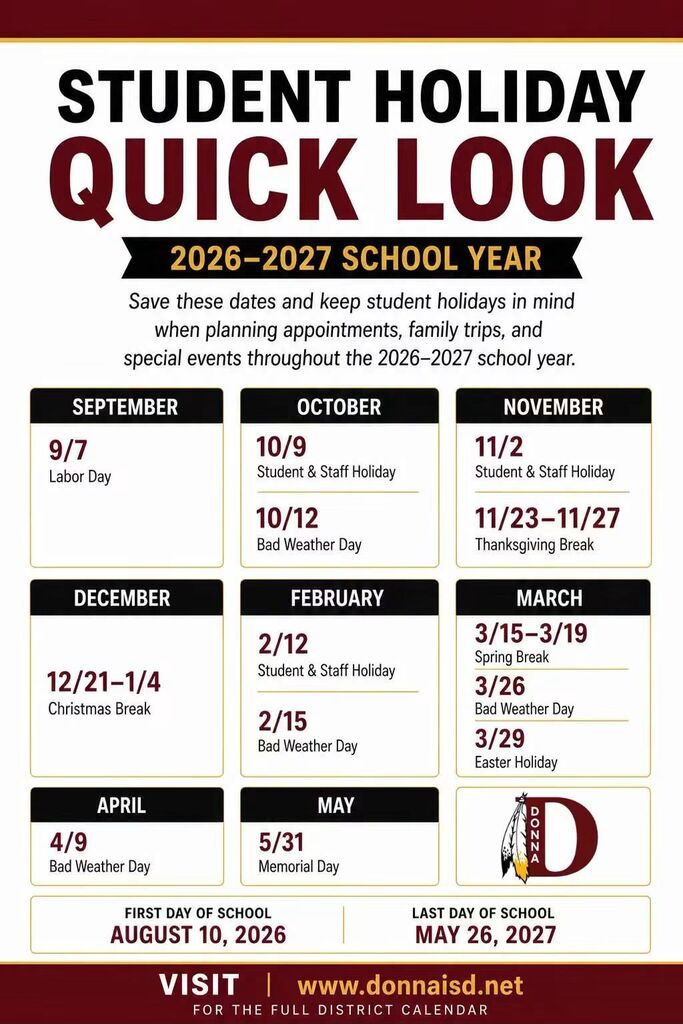 Donna ISD Student Holidays 26-27